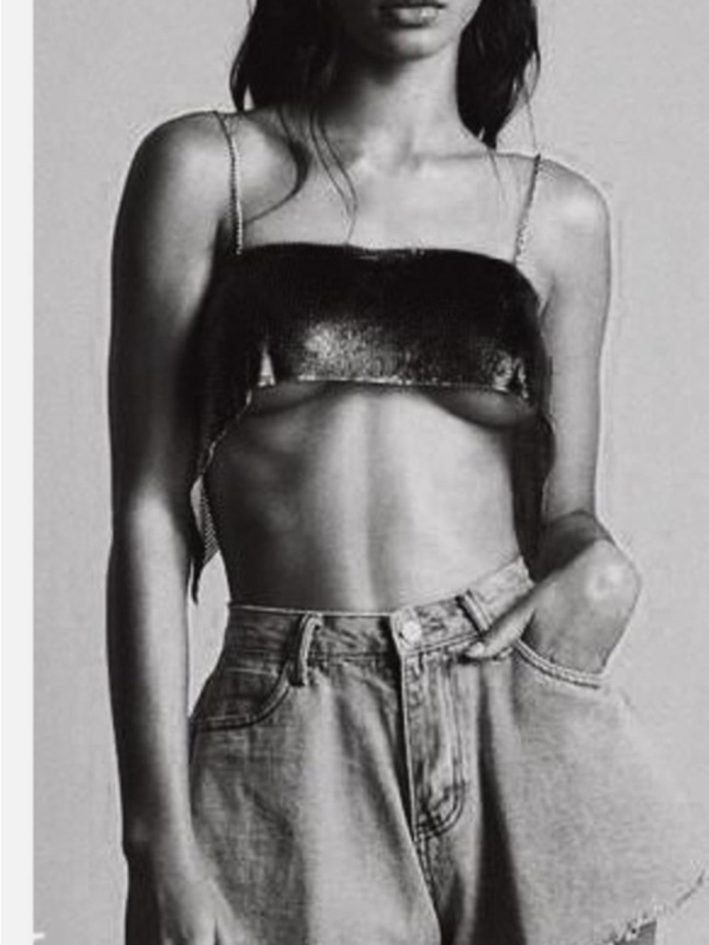 Metallic Chain-Strap Crop Cami - Black